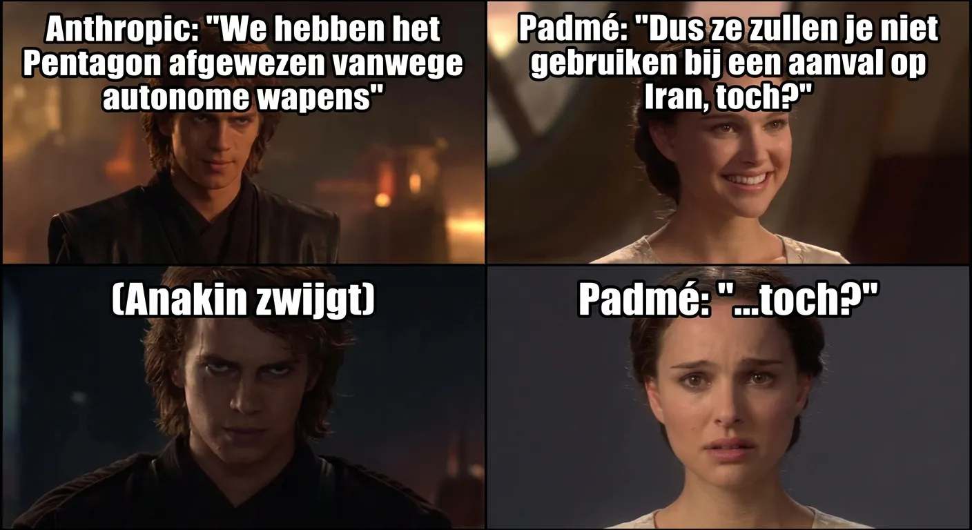 Anakin & Padmé meme — Anthropic weigert het Pentagon — en het Pentagon gebruikt Claude toch