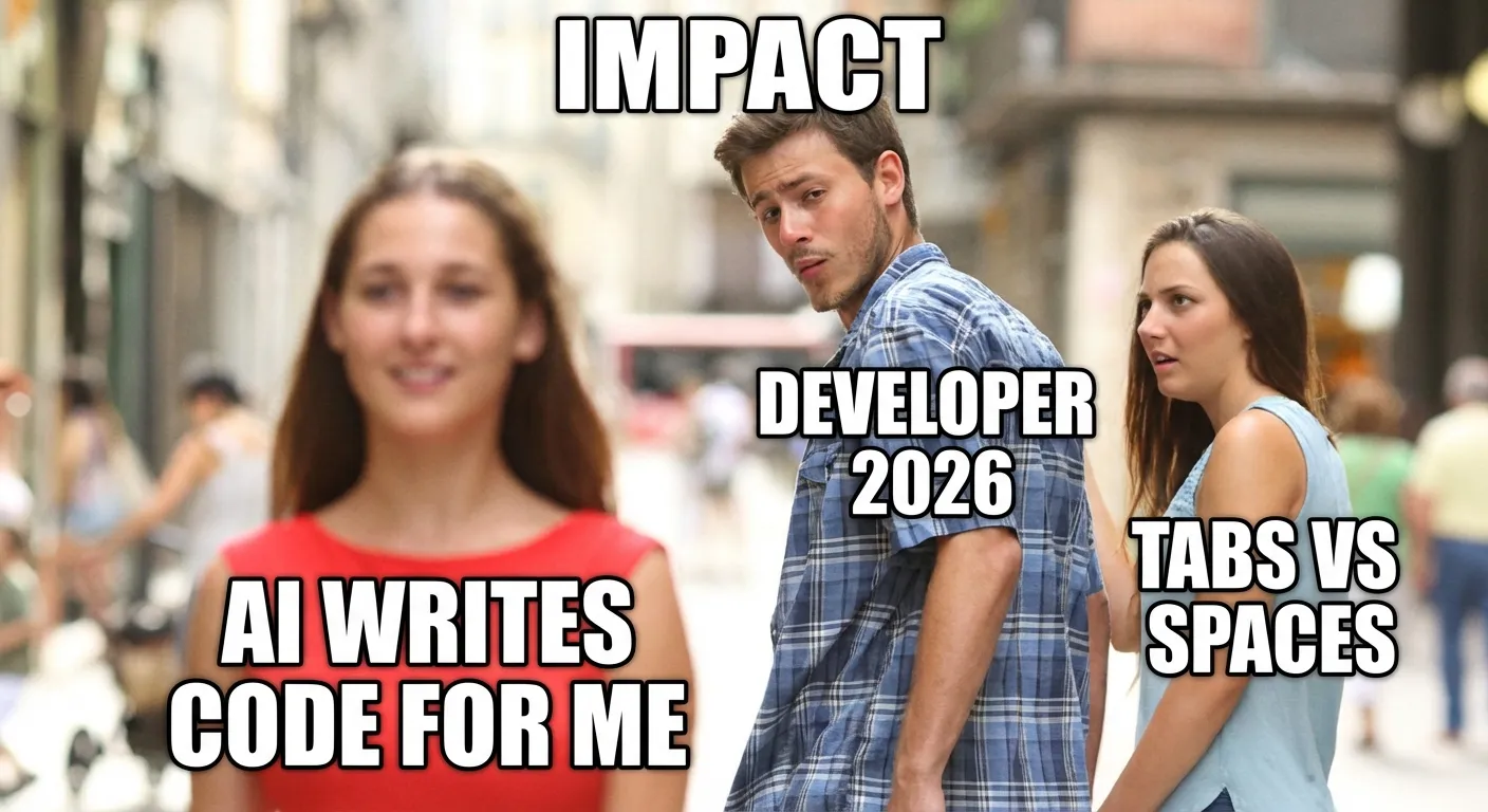 Distracted Boyfriend meme — Developer 2026 ignores tabs vs spaces