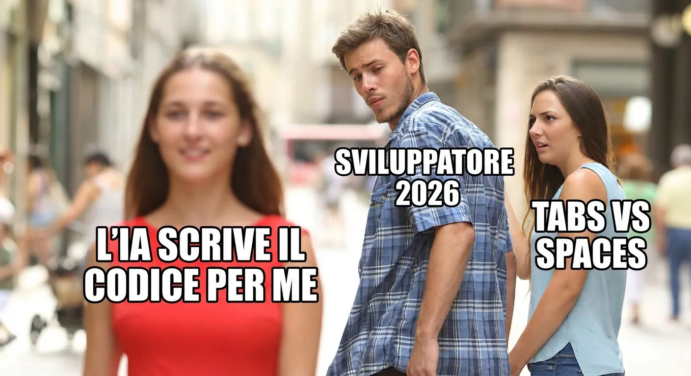 Distracted Boyfriend meme — Lo sviluppatore del 2026 ignora tabs vs spaces