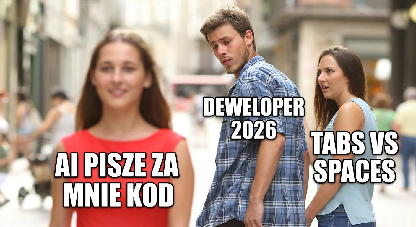 Distracted Boyfriend meme — Deweloper 2026 ignoruje tabs vs spaces