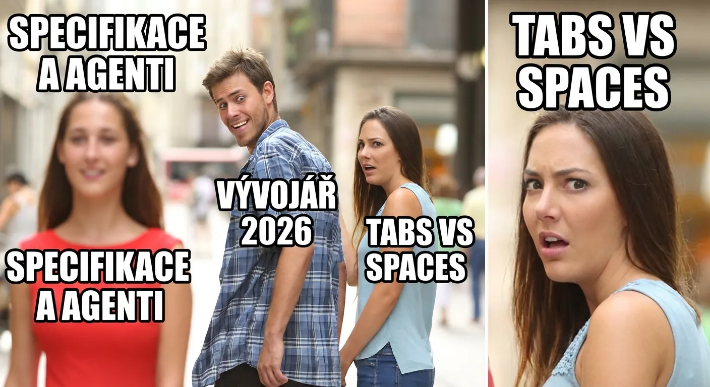 Distracted Boyfriend meme — Vývojář 2026 ignoruje tabs vs spaces