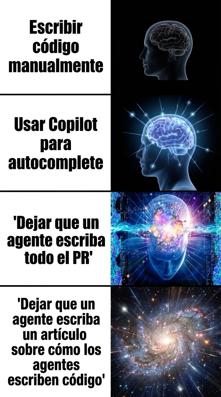Expanding Brain meme — Evolución del programador en 2026