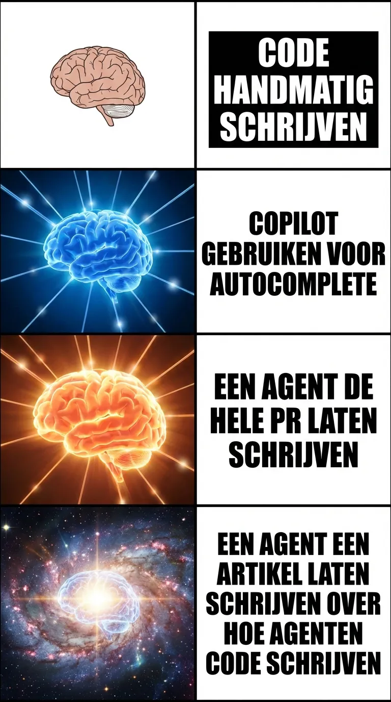 Expanding Brain meme — De evolutie van de programmeur in 2026