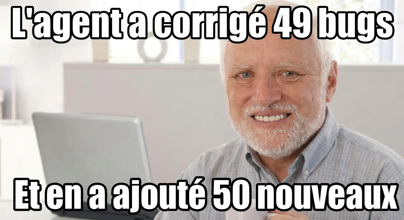 Pain Harold meme : L'agent a corrigé 49 bugs. Et en a ajouté 50 nouveaux.