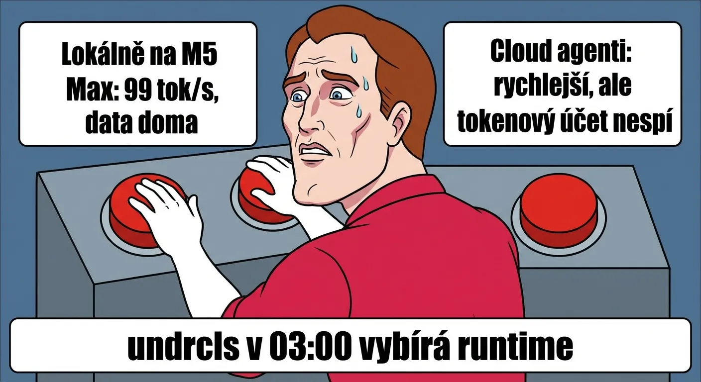 Two Buttons meme — Lokálně na M5 Max vs. cloud agenti, undrcls vybírá runtime v 03:00