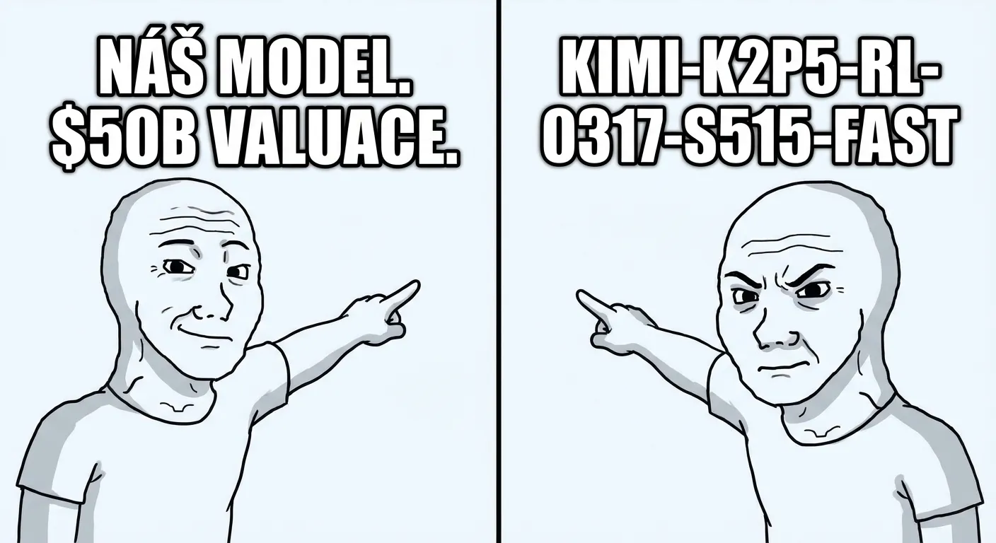 Meme: Cursor a Kimi ukazují na stejný model — jeden říká „náš", druhý gratuluje